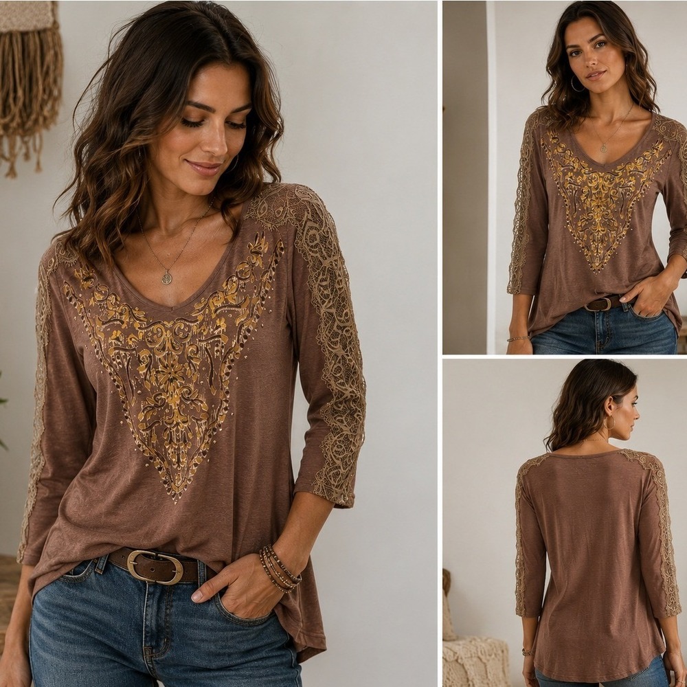 High Fifth Top Women Small Boho Whimsigoth Lace Gold Foil Filigree V-Neck Brown